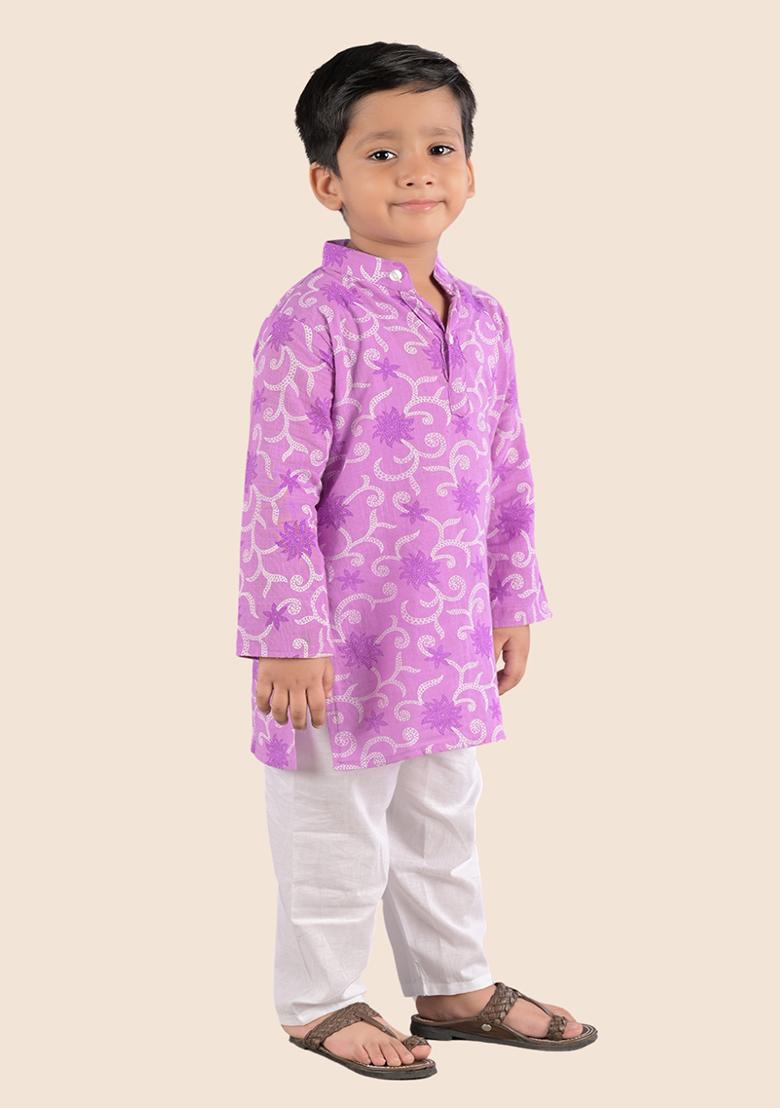 Purple Printed Cotton Kurta Set For Boy