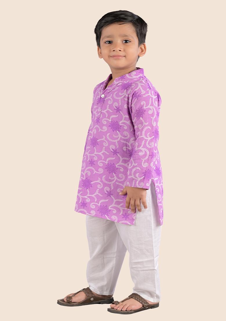 Purple Printed Cotton Kurta Set For Boy