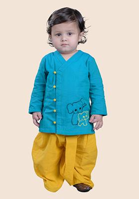 Turquoise Green Embroidered Cotton Kurta Set For Boy