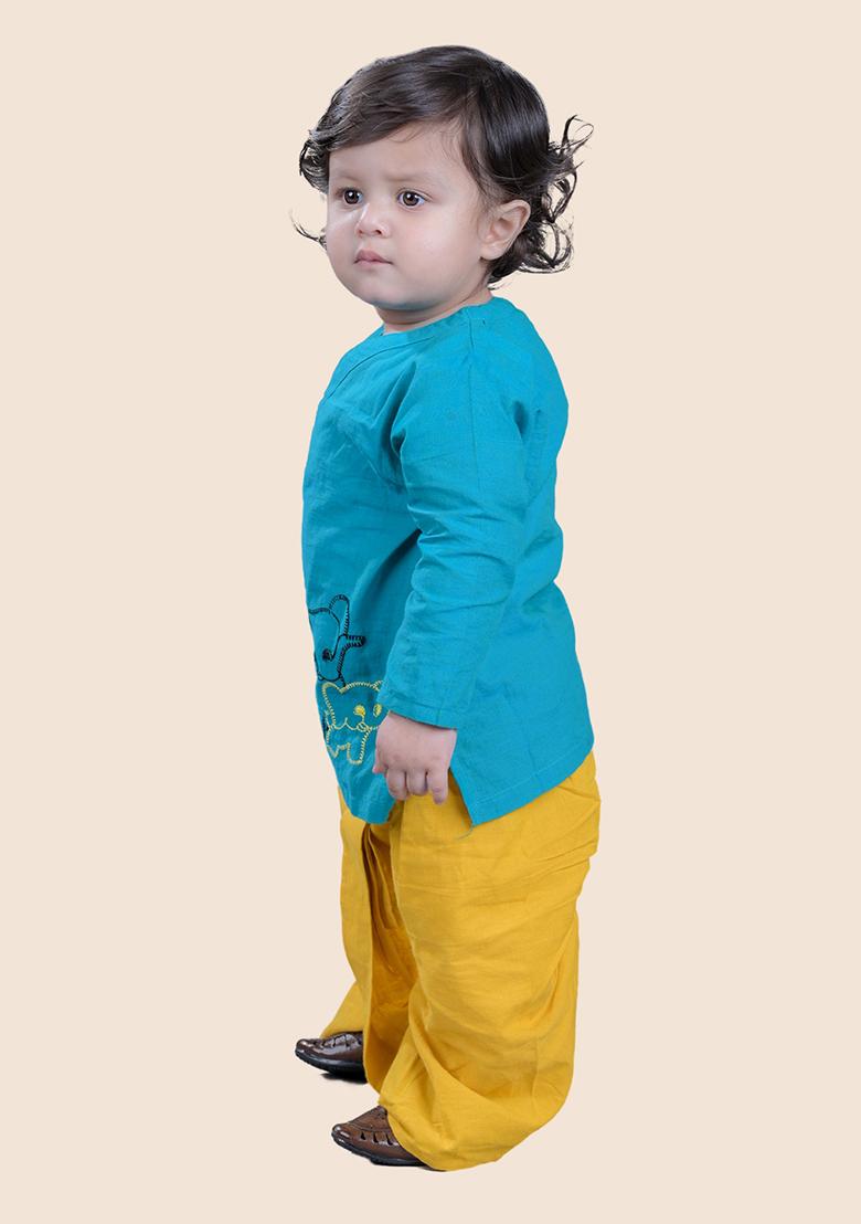 Turquoise Green Embroidered Cotton Kurta Set For Boy