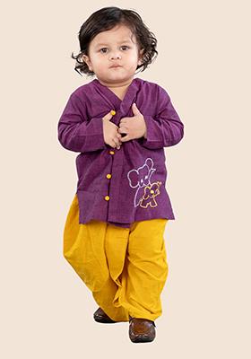 Purple Embroidered Cotton Kurta Set For Boy