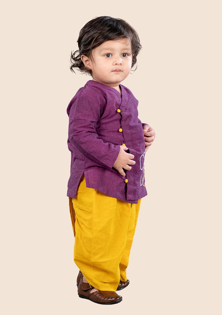 Purple Embroidered Cotton Kurta Set For Boy