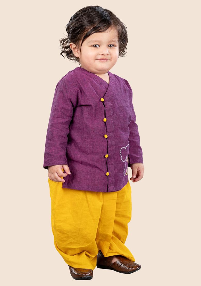 Purple Embroidered Cotton Kurta Set For Boy