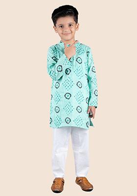 Green Printed Cotton Kurta Set For Boy