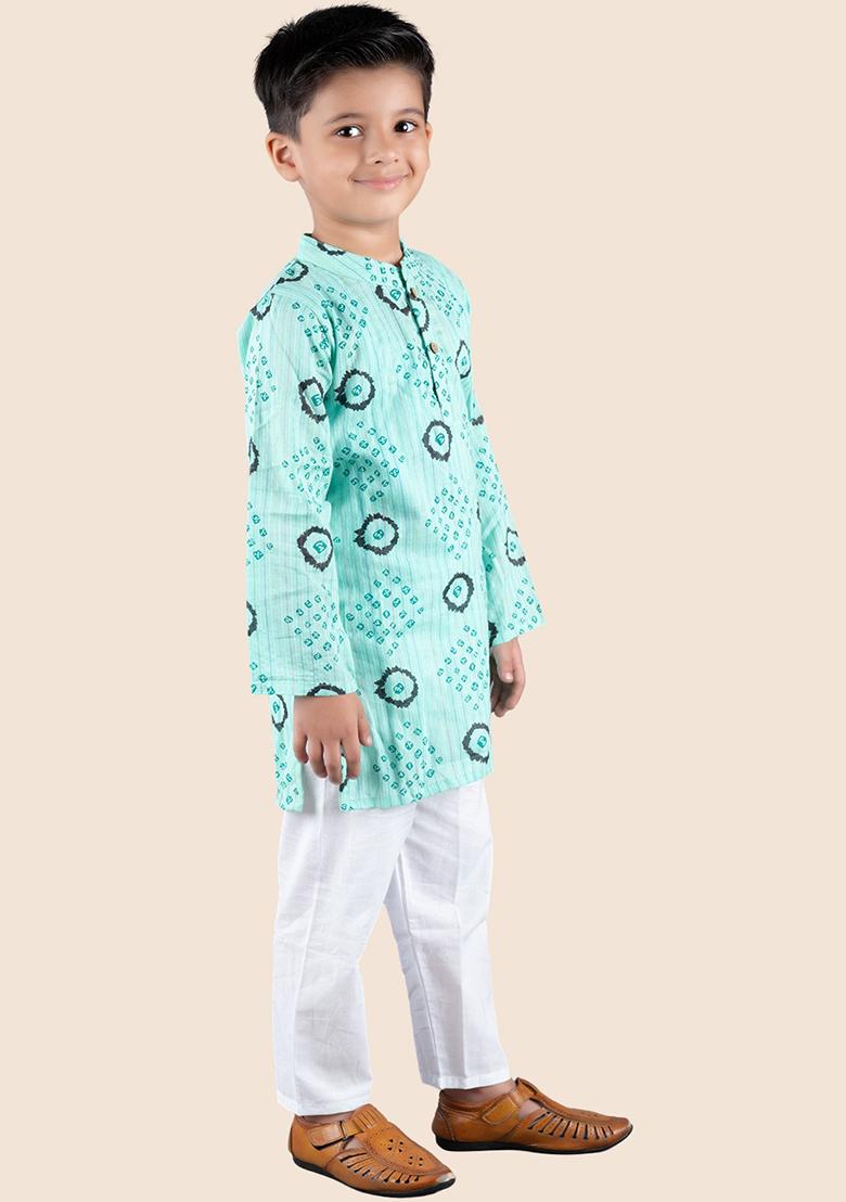 Green Printed Cotton Kurta Set For Boy
