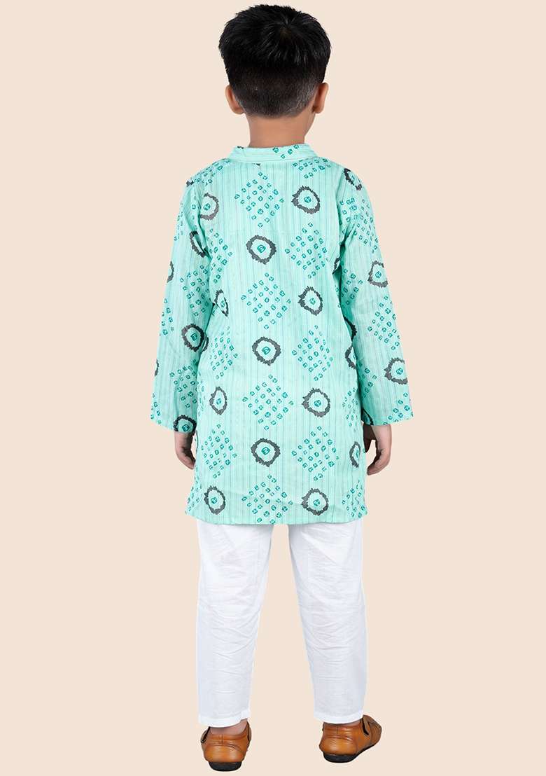 Green Printed Cotton Kurta Set For Boy - Indya