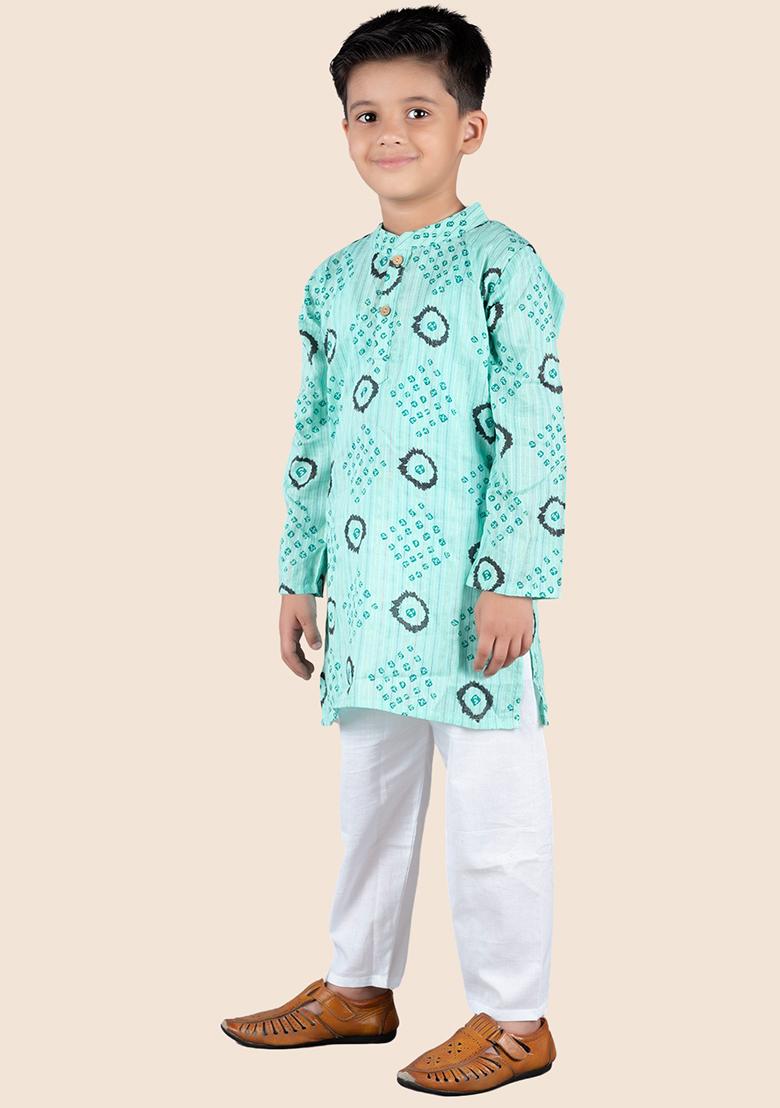 Green Printed Cotton Kurta Set For Boy