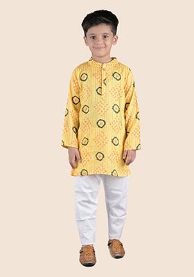 Yellow Printed Cotton Kurta Set For Boy