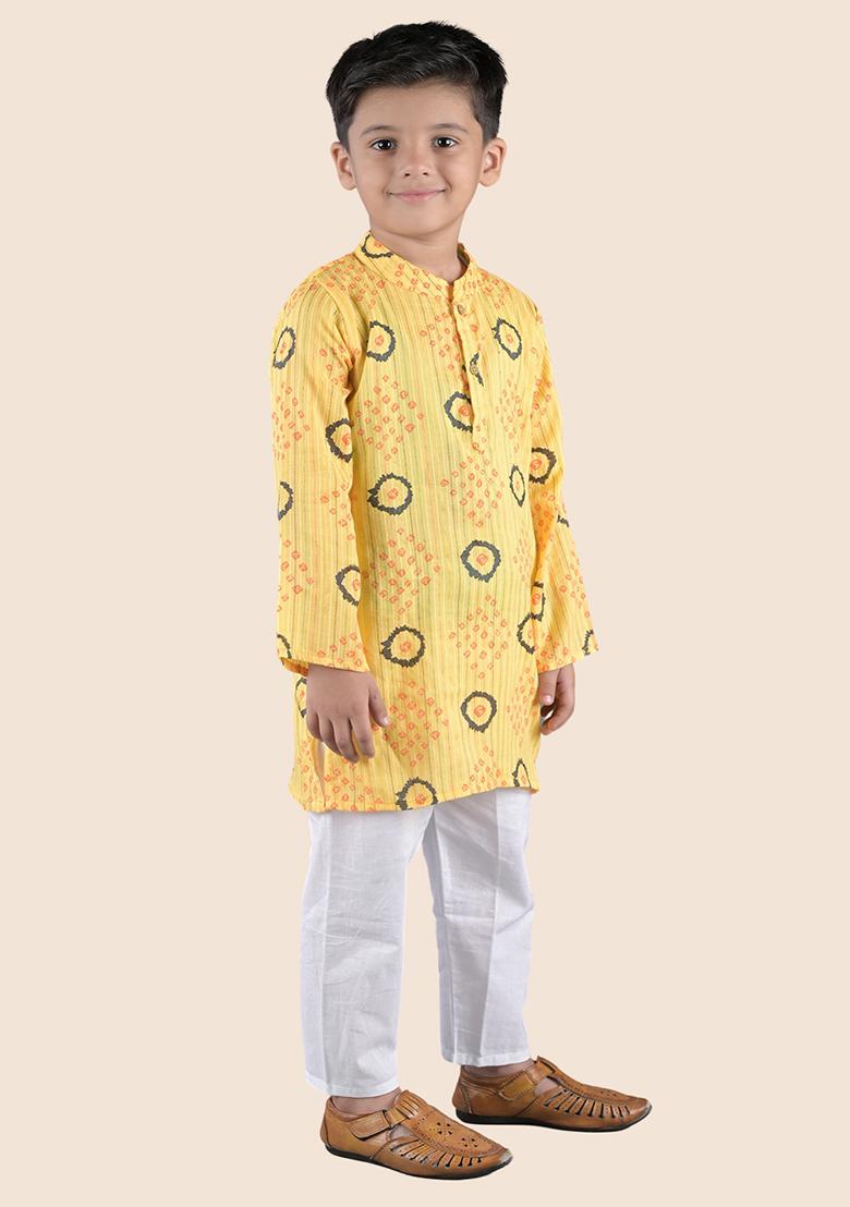 Yellow Printed Cotton Kurta Set For Boy