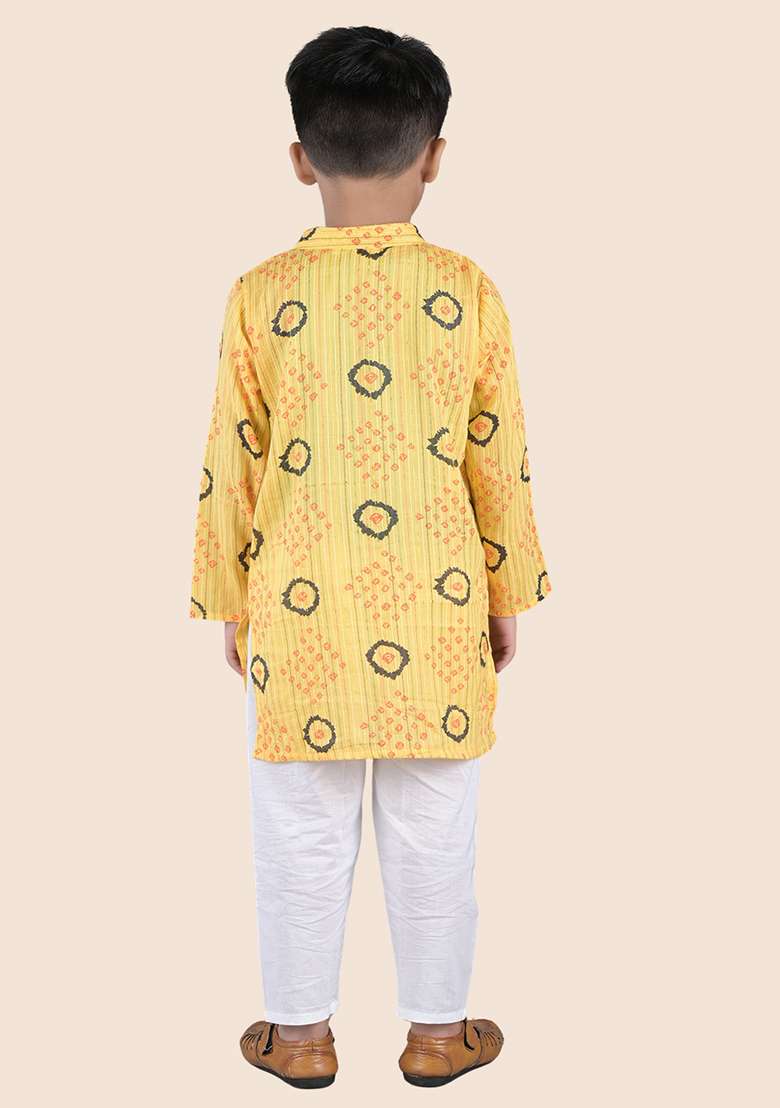 Yellow Printed Cotton Kurta Set For Boy - Indya