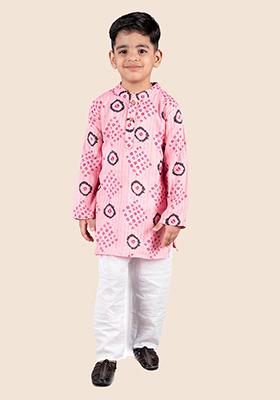 Pink Printed Cotton Kurta Set For Boy