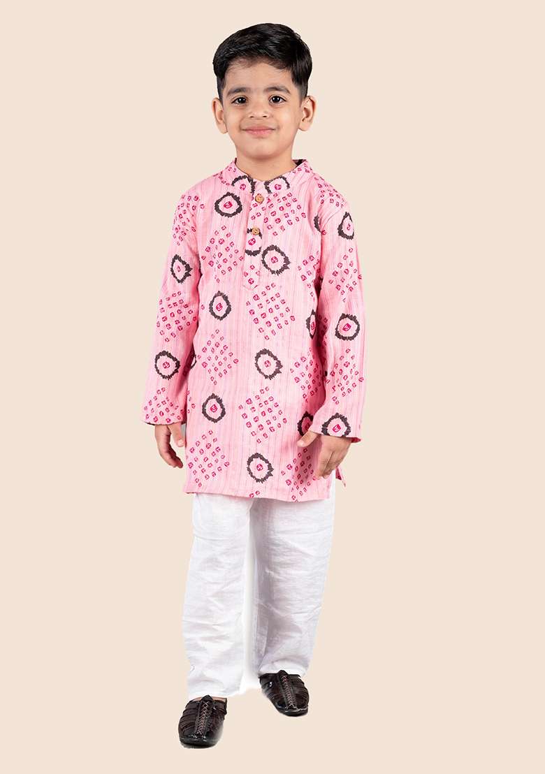 Pink Printed Cotton Kurta Set For Boy - Indya