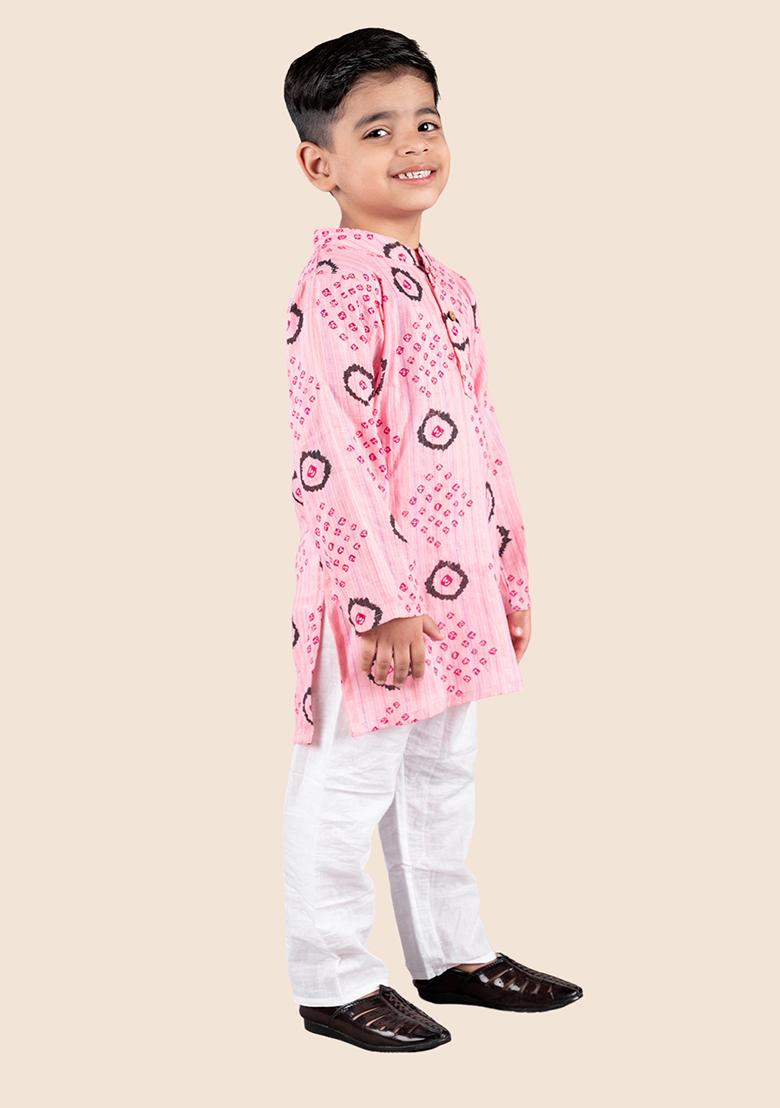 Pink Printed Cotton Kurta Set For Boy