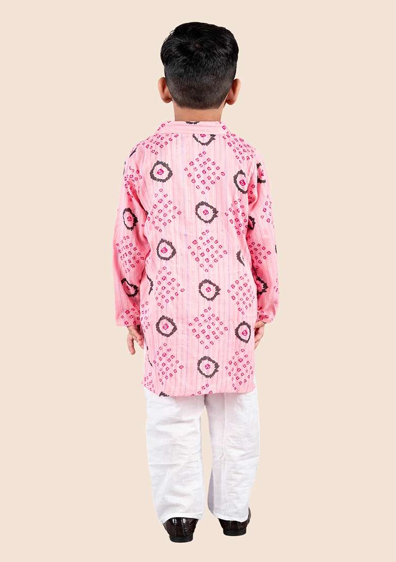 Pink Printed Cotton Kurta Set For Boy - Indya