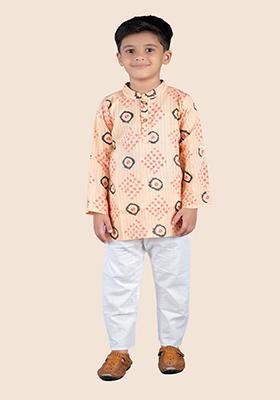 Orange Printed Cotton Kurta Set For Boy
