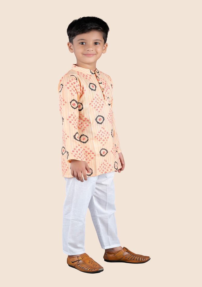 Orange Printed Cotton Kurta Set For Boy