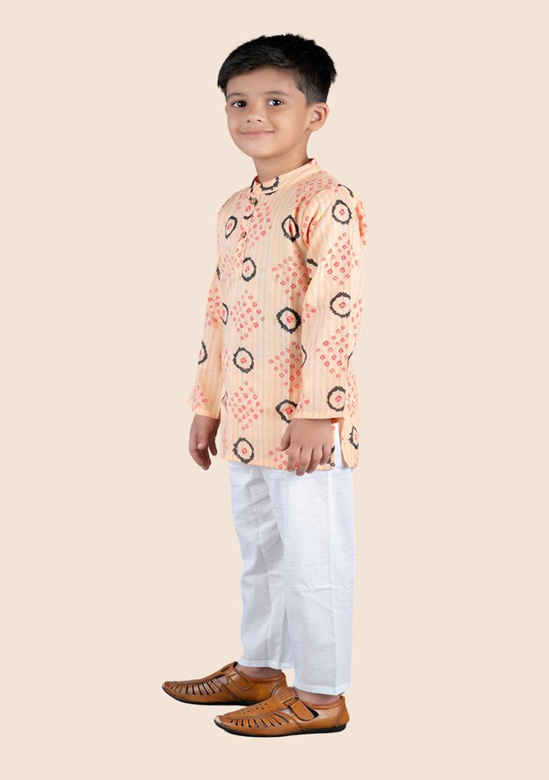 Orange Printed Cotton Kurta Set For Boy