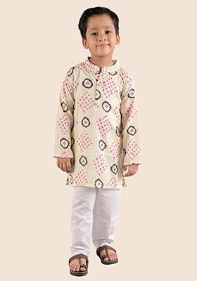 Cream Printed Cotton Kurta Set For Boy