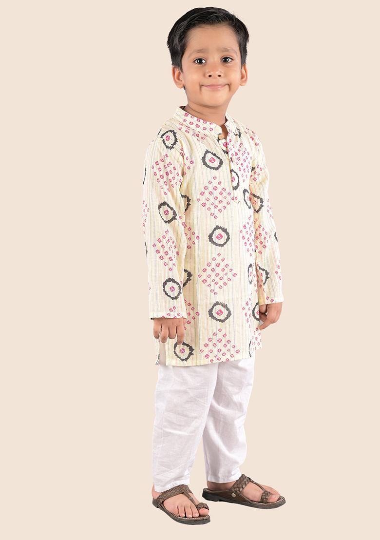 Cream Printed Cotton Kurta Set For Boy