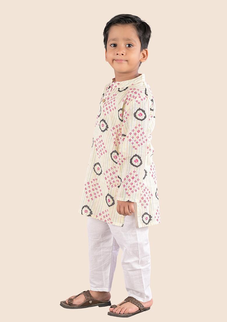 Cream Printed Cotton Kurta Set For Boy