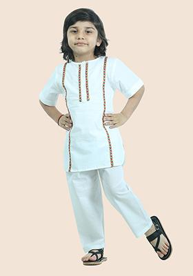 White Embellished Cotton Kurta Set For Boy