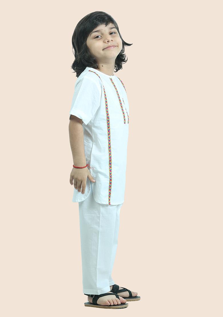 White Embellished Cotton Kurta Set For Boy