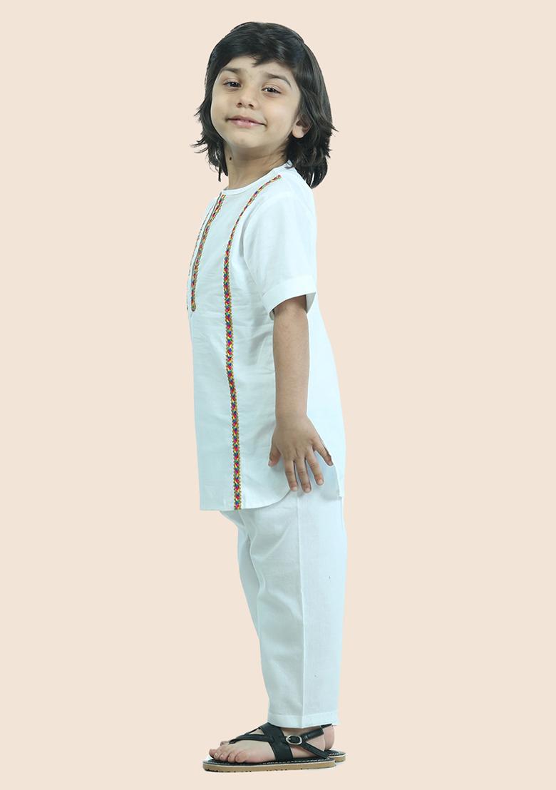White Embellished Cotton Kurta Set For Boy