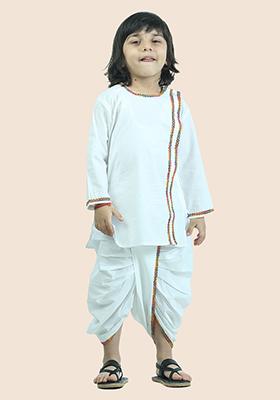 White Cotton Cotton Kurta Set For Boy