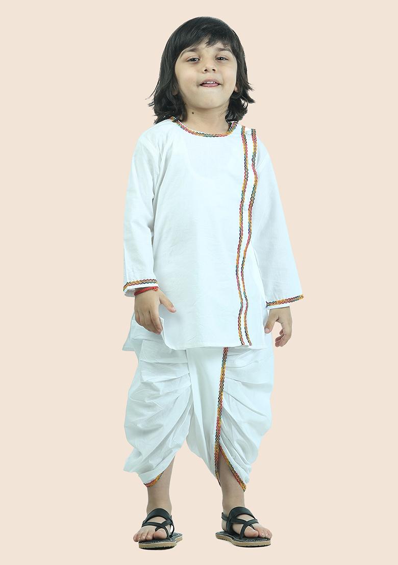 White Cotton Cotton Kurta Set For Boy