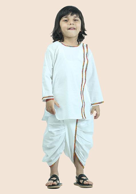 White Cotton Cotton Kurta Set For Boy