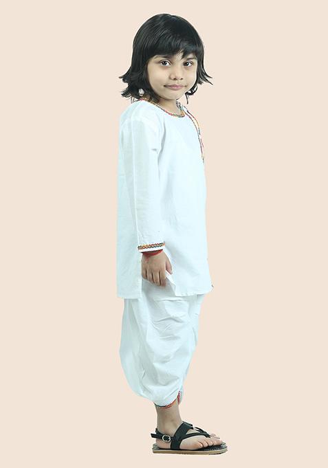 White Cotton Cotton Kurta Set For Boy