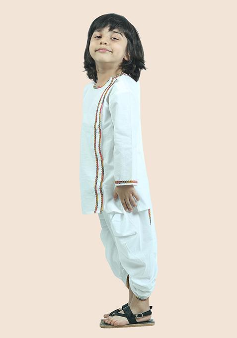 White Cotton Cotton Kurta Set For Boy