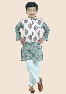 Green Printed Cotton Kurta Set For Boy