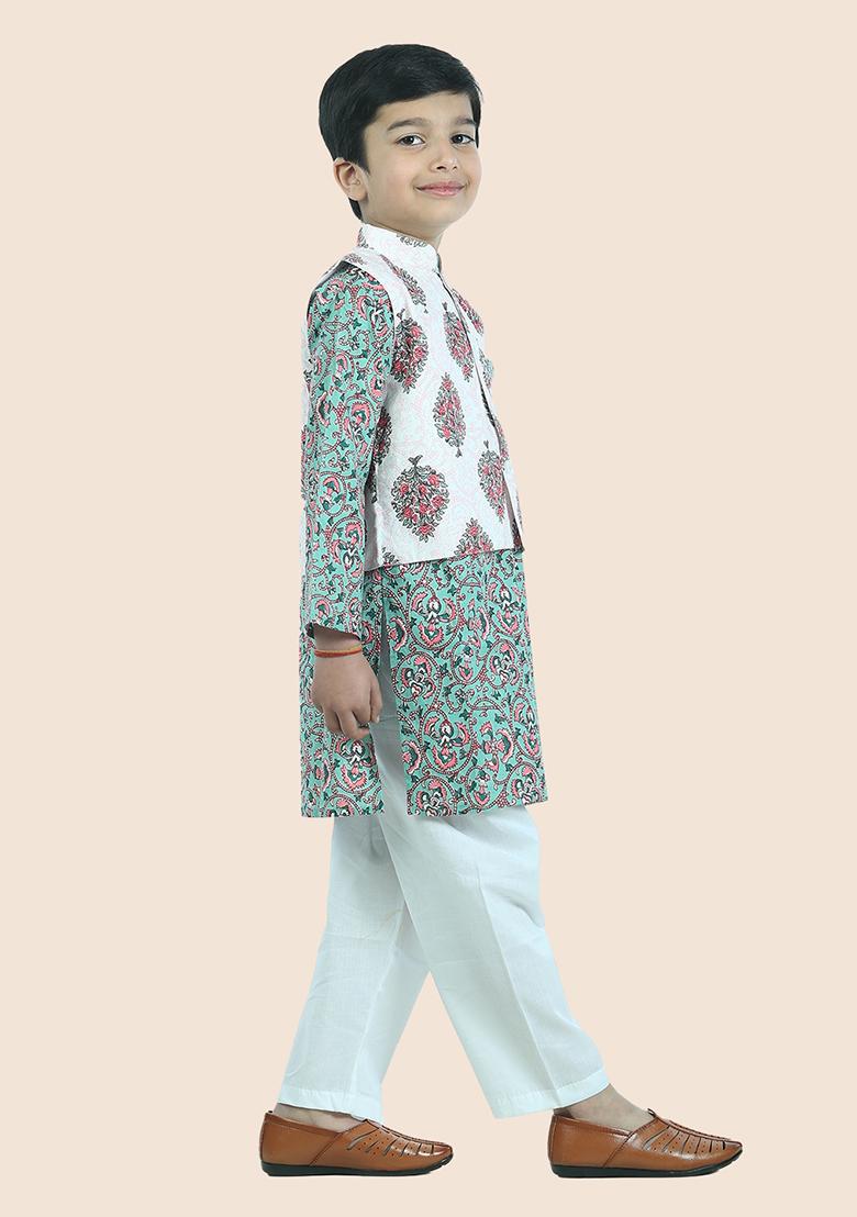Green Printed Cotton Kurta Set For Boy