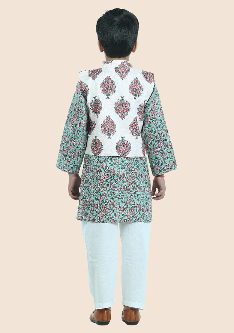 Green Printed Cotton Kurta Set For Boy