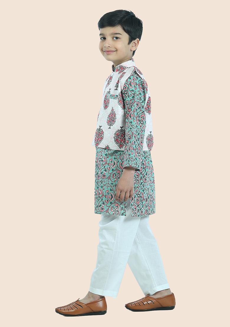 Green Printed Cotton Kurta Set For Boy
