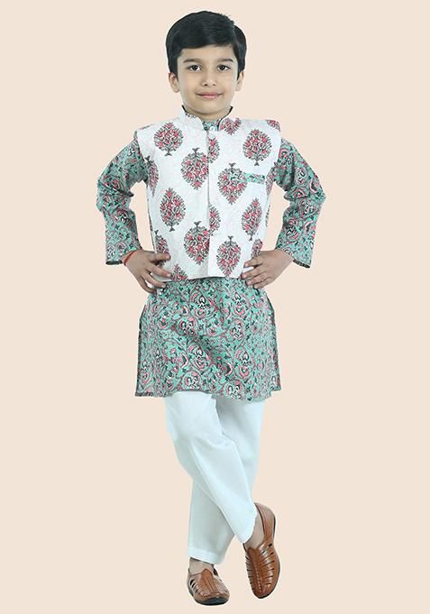 Green Printed Cotton Kurta Set For Boy