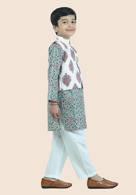 Green Printed Cotton Kurta Set For Boy