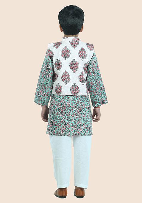 Green Printed Cotton Kurta Set For Boy