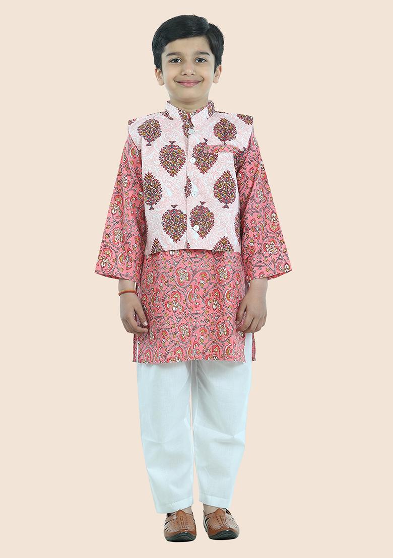 Pink Printed Cotton Kurta Set For Boy