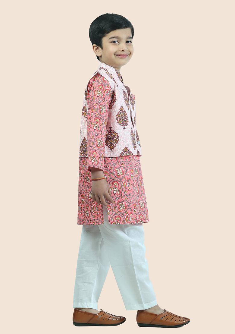 Pink Printed Cotton Kurta Set For Boy