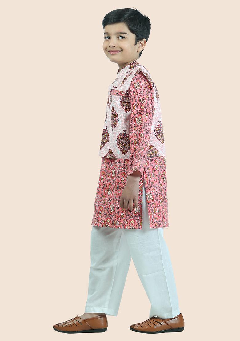 Pink Printed Cotton Kurta Set For Boy