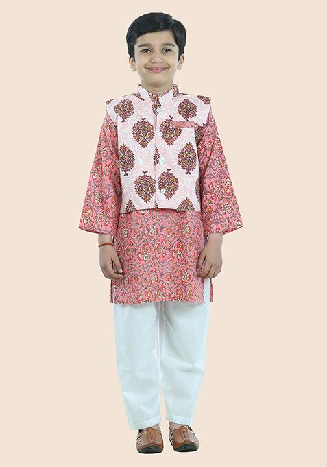 Pink Printed Cotton Kurta Set For Boy