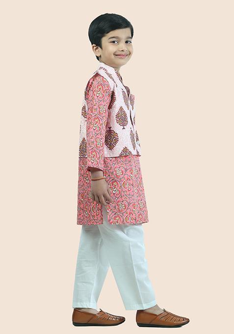 Pink Printed Cotton Kurta Set For Boy