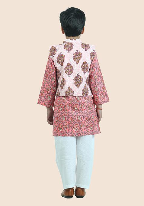 Pink Printed Cotton Kurta Set For Boy