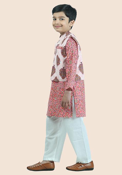 Pink Printed Cotton Kurta Set For Boy