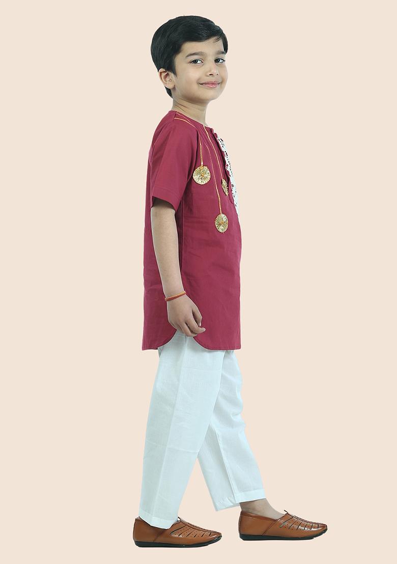 Maroon Embellished Cotton Kurta Set For Boy