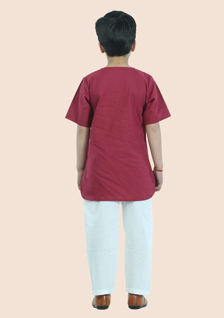 Maroon Embellished Cotton Kurta Set For Boy - Indya