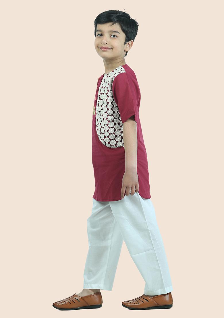 Maroon Embellished Cotton Kurta Set For Boy