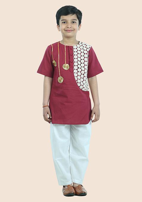 Maroon Embellished Cotton Kurta Set For Boy